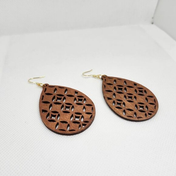 Boho Tribal Teardrop Dangle Chandelier Earrings Wood Cutout Sterling Silver Hook - Picture 4 of 7